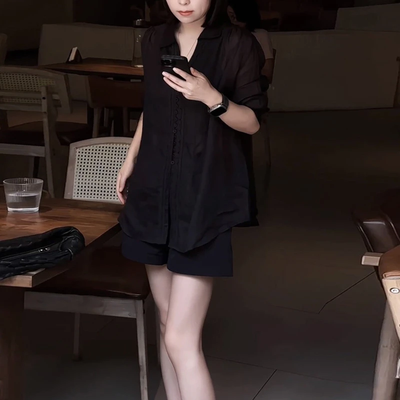 时尚简约高级感百搭老钱风女装套装慵懒休闲设计薄款衬衫阔腿短裤