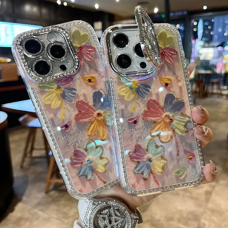 适用苹果系列iPhone16新款手机壳彩色四叶草全包镜头膜钻框支架