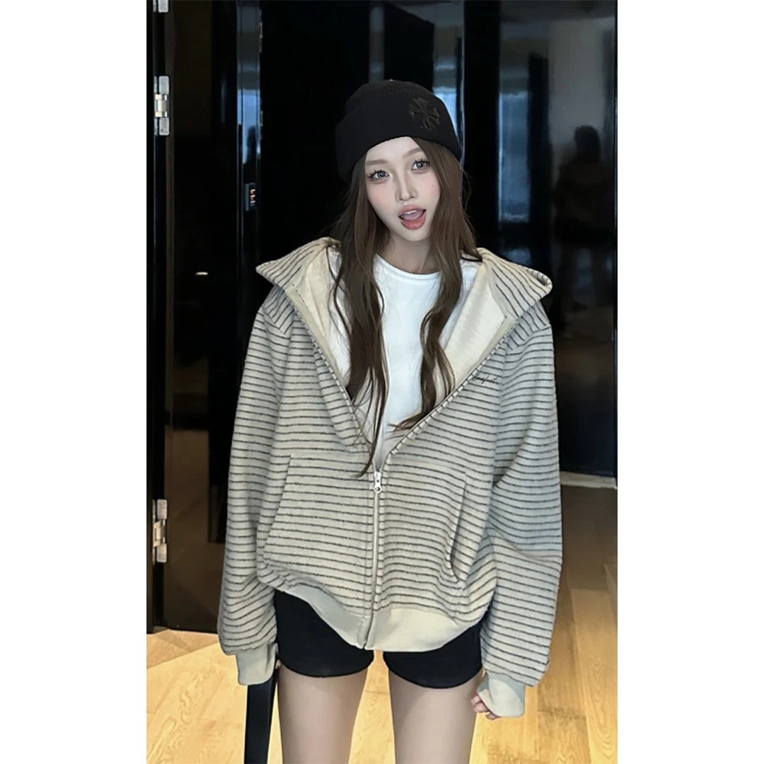 秋冬爆款条纹连帽拉链外套小众高级感休闲宽松美式开衫卫衣