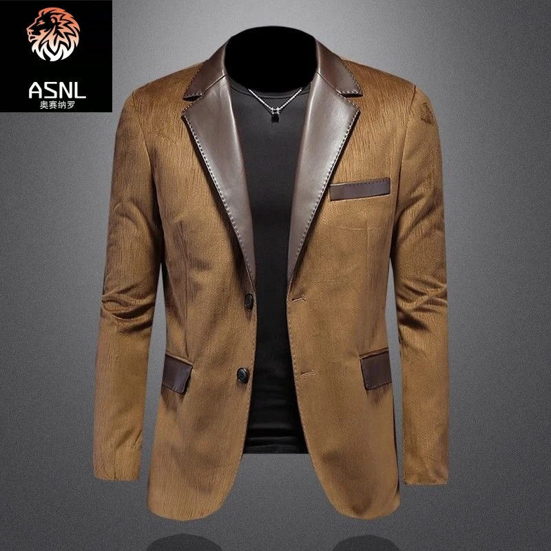 外套痞帅男士高级男装拼接西服2025潮男新款休闲秋冬皮领西装