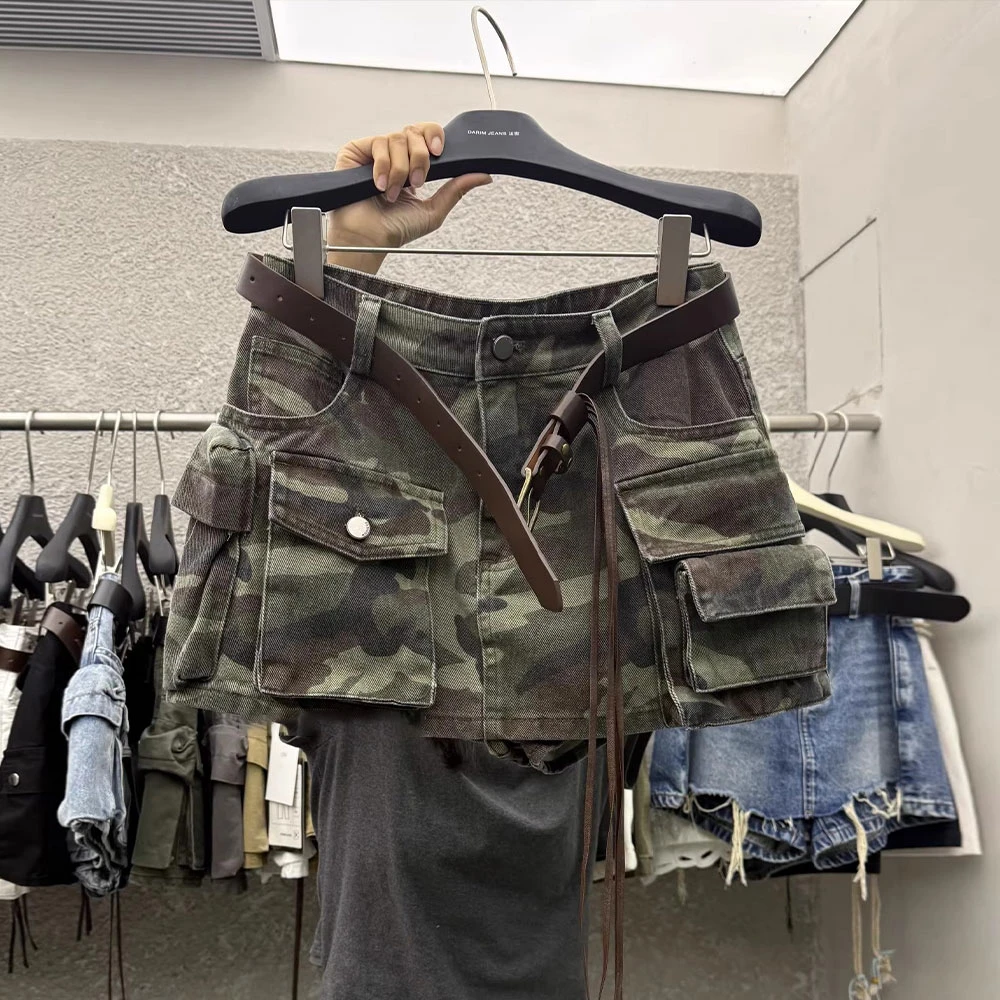 美式复古系带裤裙2025夏季新款假两件设计感立体口袋牛仔短裙女