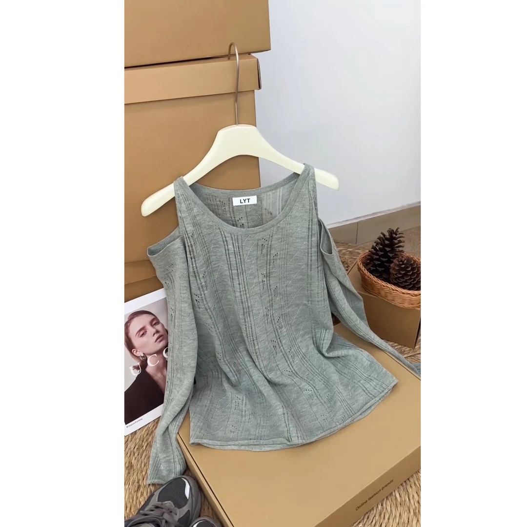 韩系慵懒风露肩长袖圆领针织衫女夏天外搭罩衫薄上衣透视百搭ins