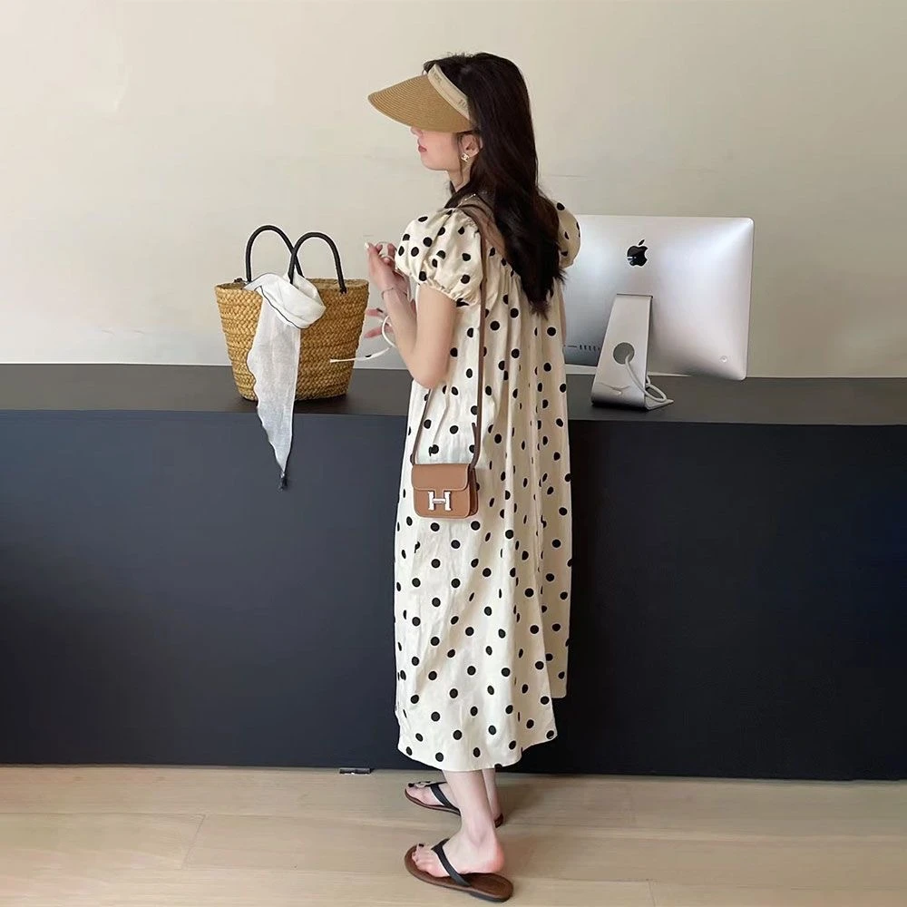 甜美减龄波点泡泡袖连衣裙女夏季法式气质显瘦甜美中长裙