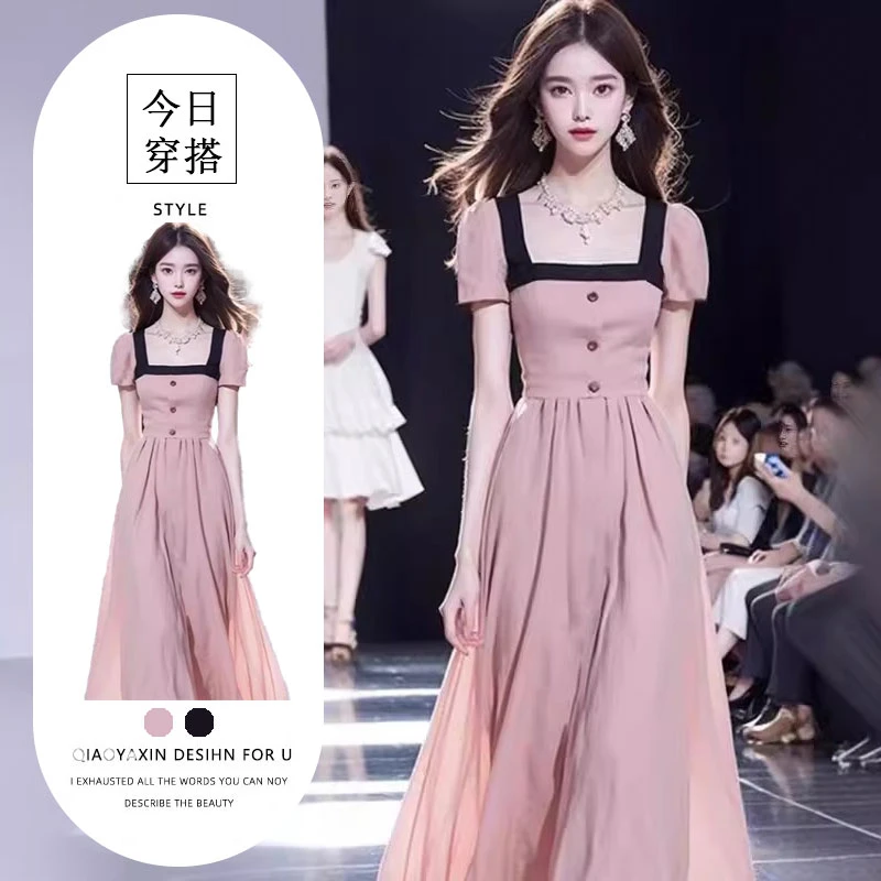 欧洲站夏装新款2025气质减龄方领韩剧富家千金超好看的大码连衣裙