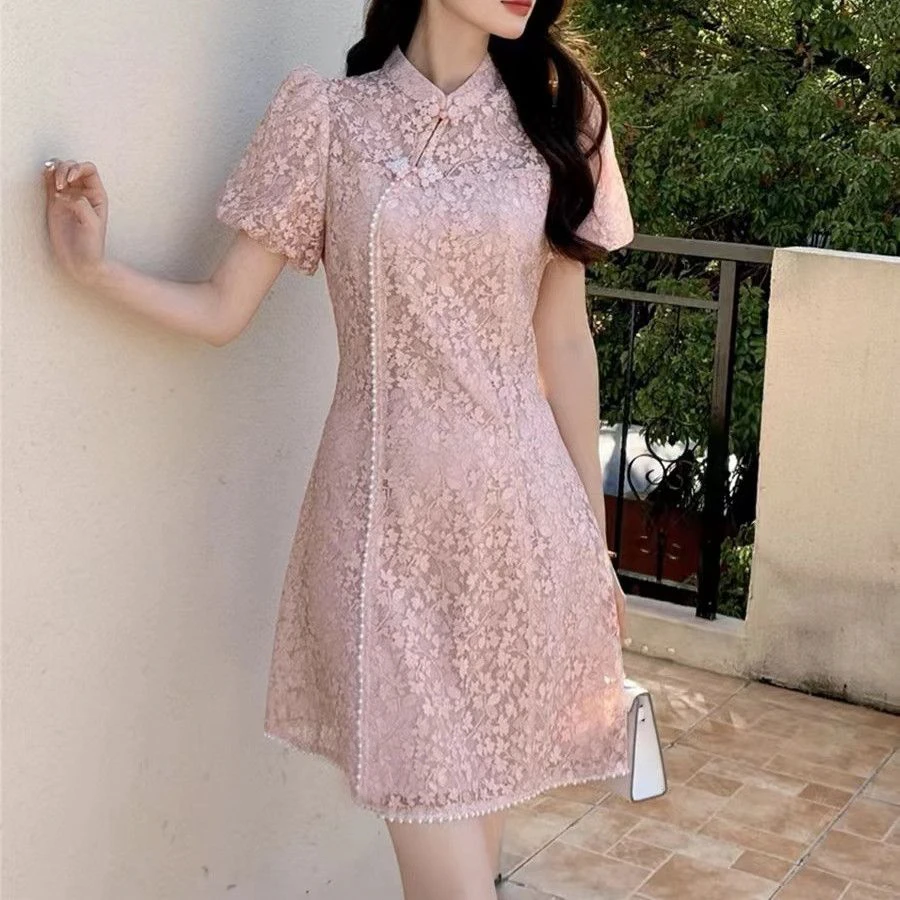 2025夏季新款蕾丝旗袍改良新中式连衣裙女复古国风泡泡袖盘扣裙子