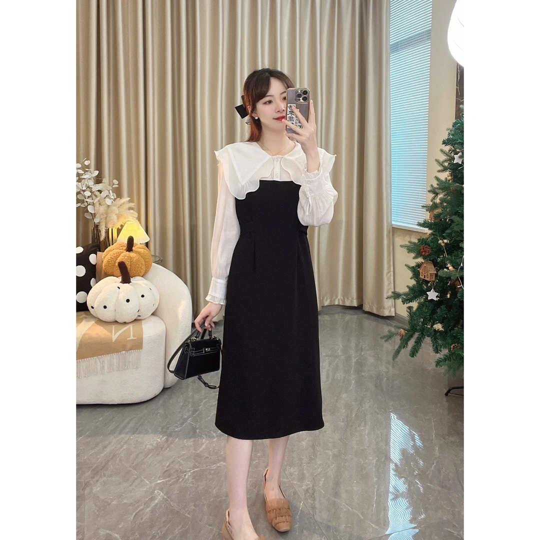 【邂逅倾心D】  法式气质大翻领宽松绑带收腰显瘦设计感a字连衣裙