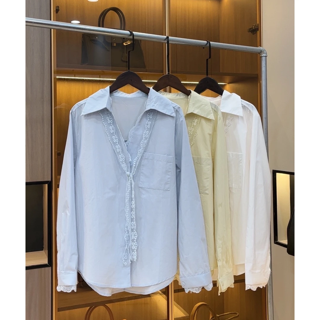 2025新款法式蕾丝拼接Polo领白色衬衫+蕾丝飘带女7103