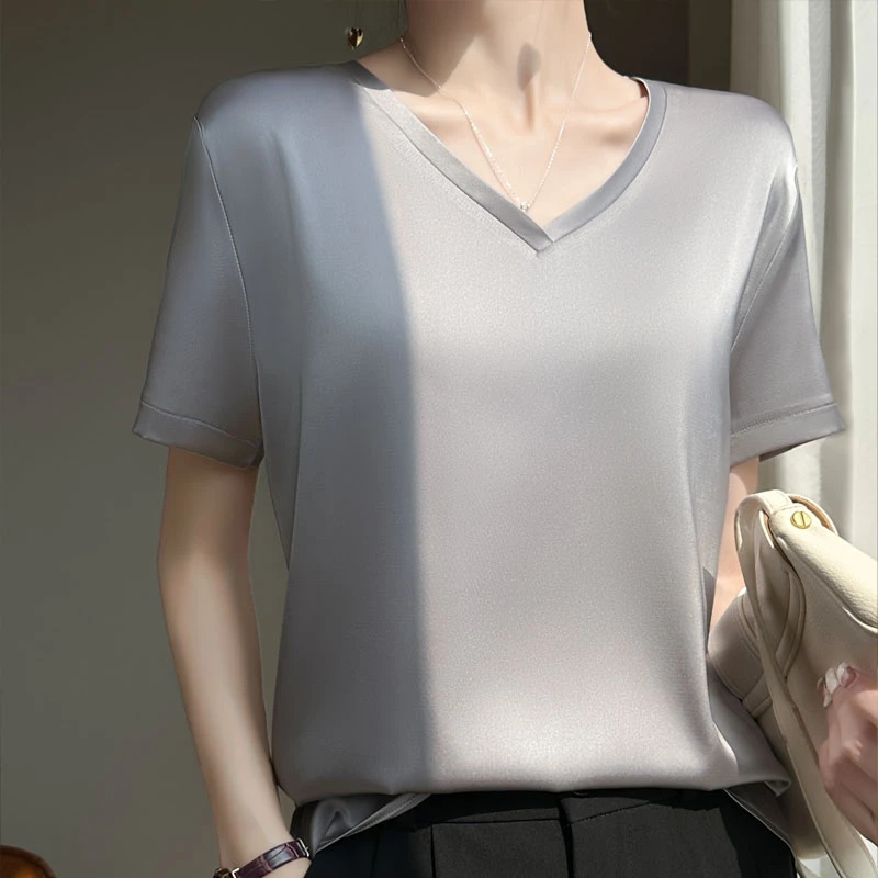 新款短袖V领T恤缎面纯色显瘦轻职夏季打底半袖短款洋气D05