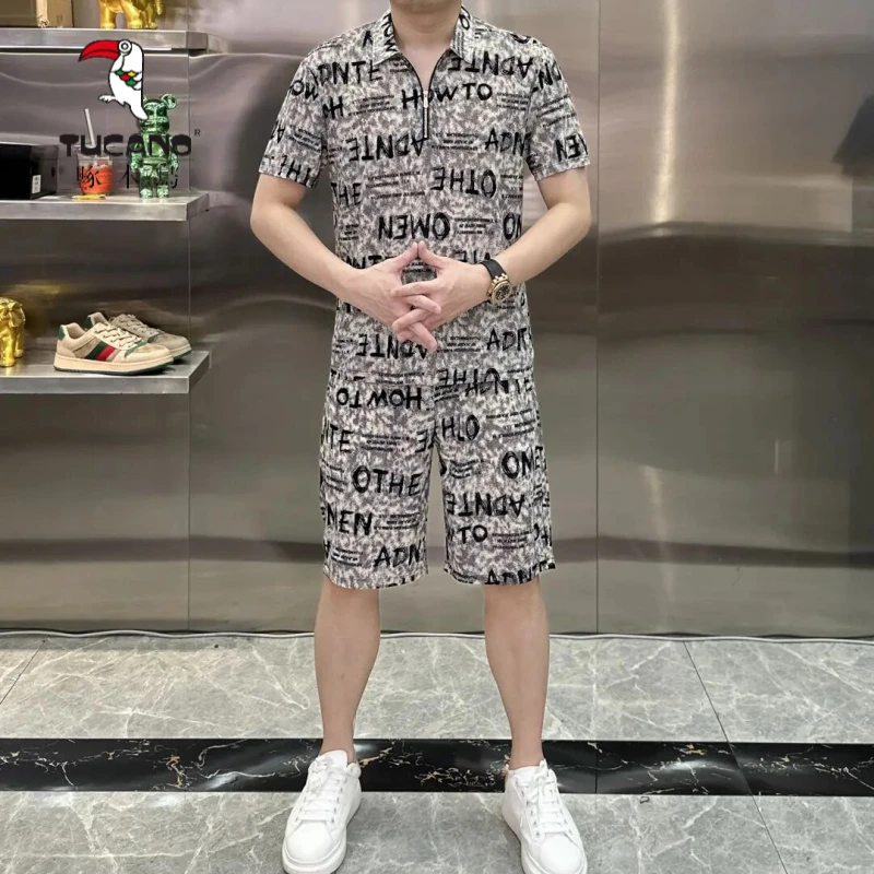 啄木鸟夏季花色拉链衫男休闲百搭翻领短袖裤子套装TZ85201