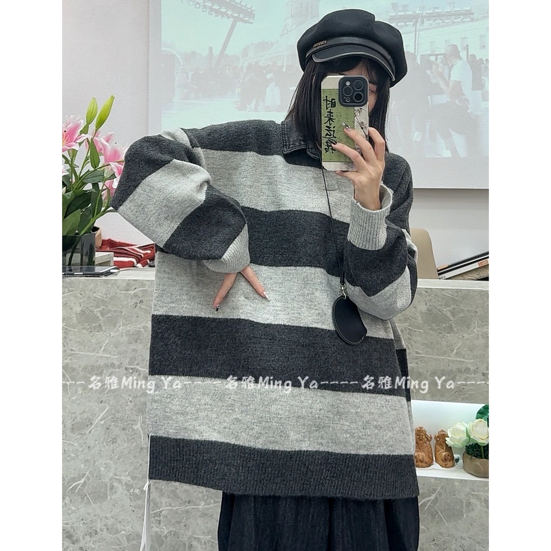 870  秋冬条纹圆领宽松套头百搭针织衫