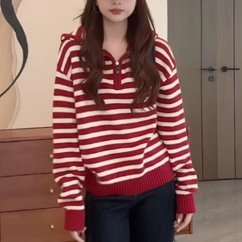 2025秋季新款红色条纹连帽毛衣女慵懒高级感宽松显瘦针织衫上衣