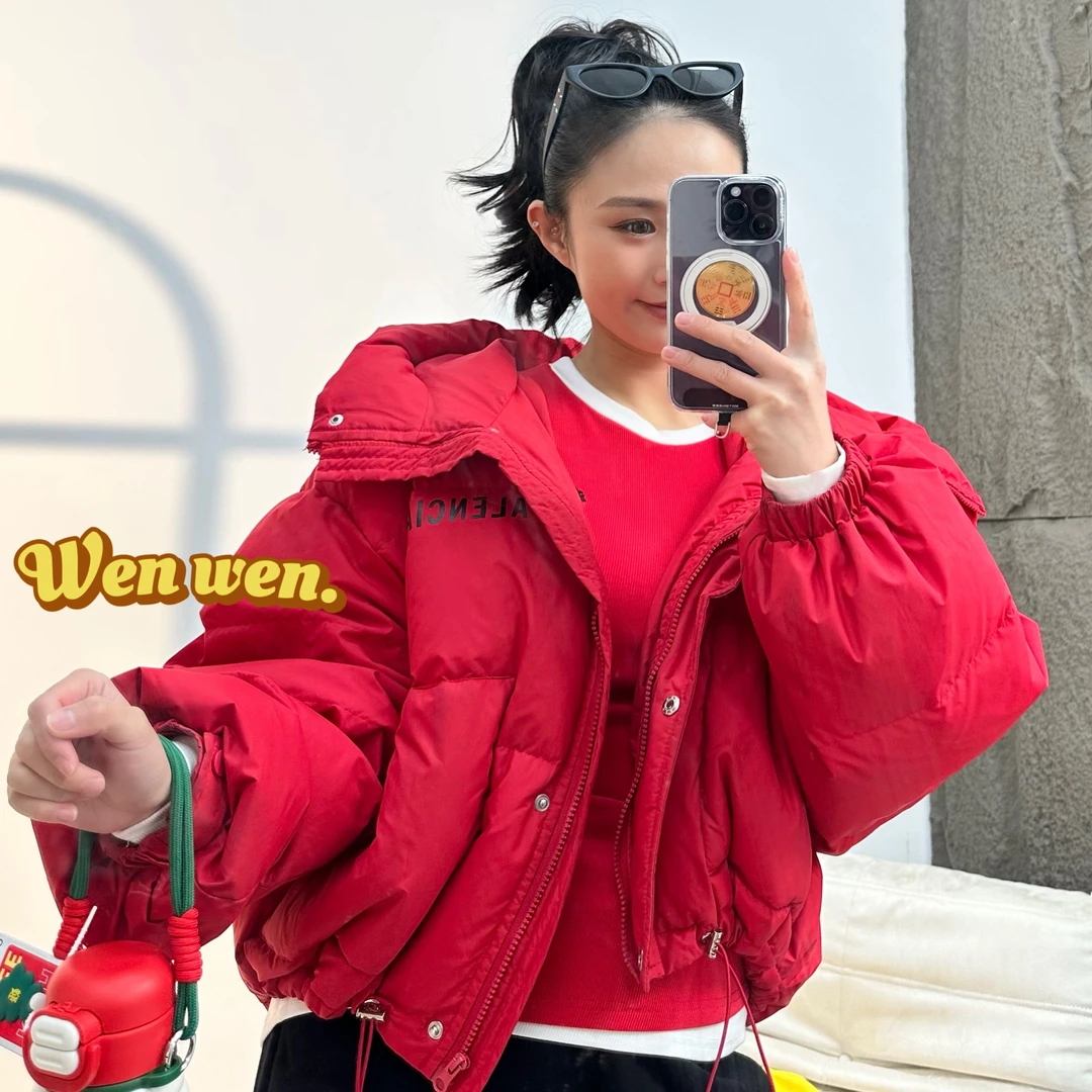 MOMO 【雯雯】罗曼史 冬季新款短款字母纯色羽绒服宽松连帽高腰外套