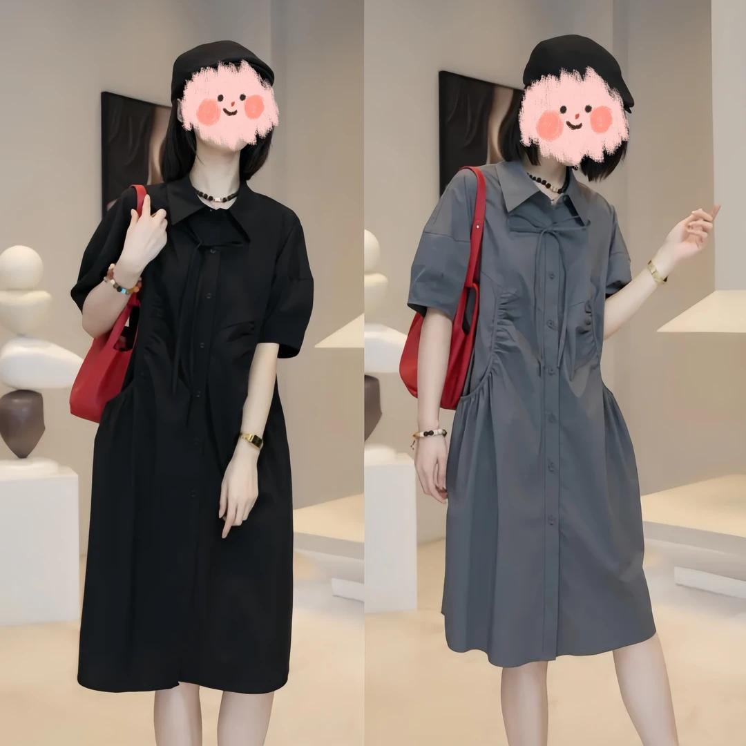 夏季新款2025时尚洋气百搭翻领大口袋宽松短袖衬衫连衣裙女