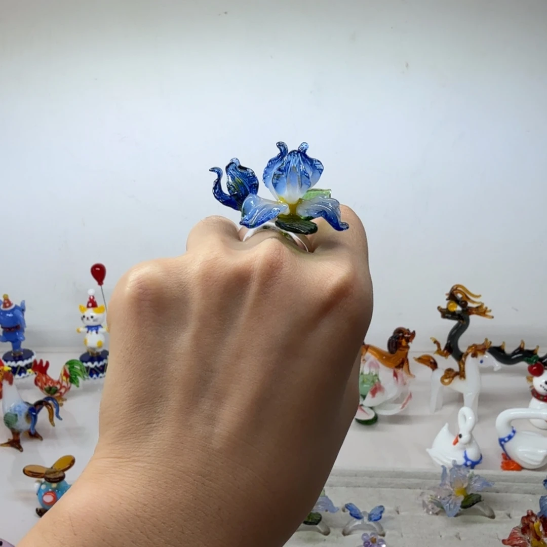 琉璃手工艺品蓝色鸢尾花戒指