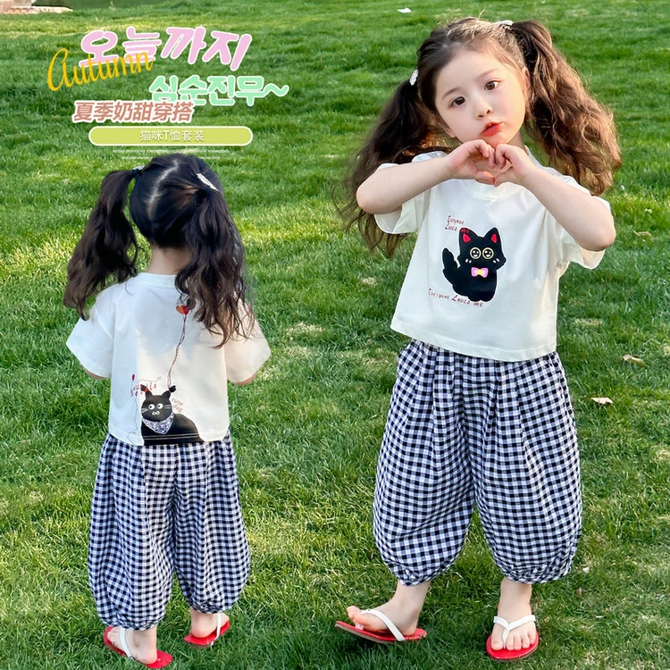 女童夏装套装2025新款3岁儿童网红爆款夏季格子时尚小童分体春装