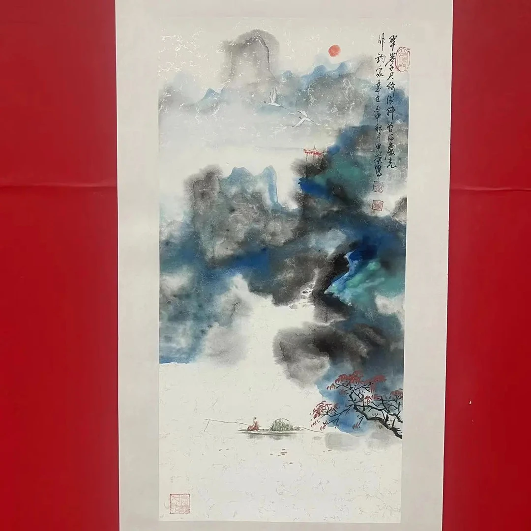 手绘三尺泼彩国画带托底