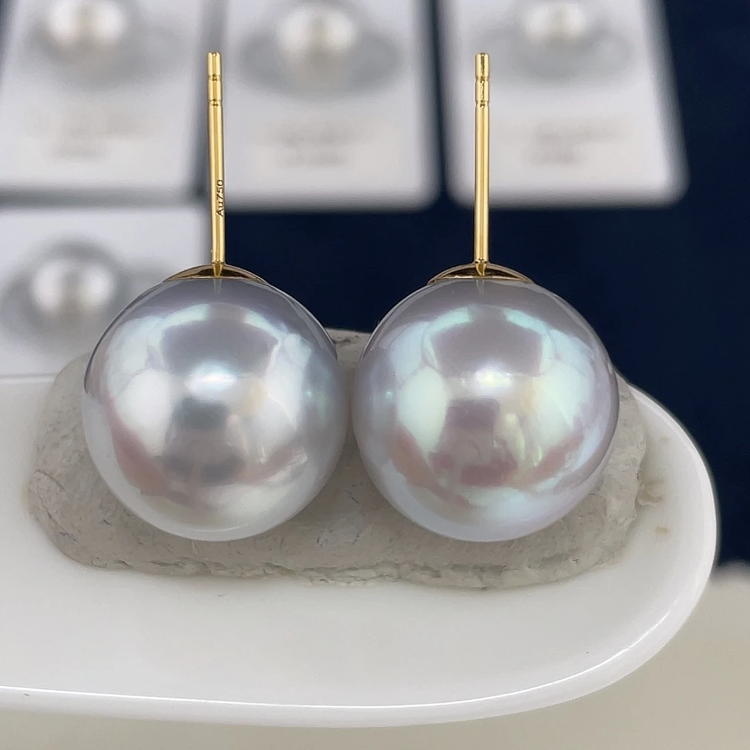 海水珍珠14.8澳白银蓝素钉正圆宝石光18K金镶嵌