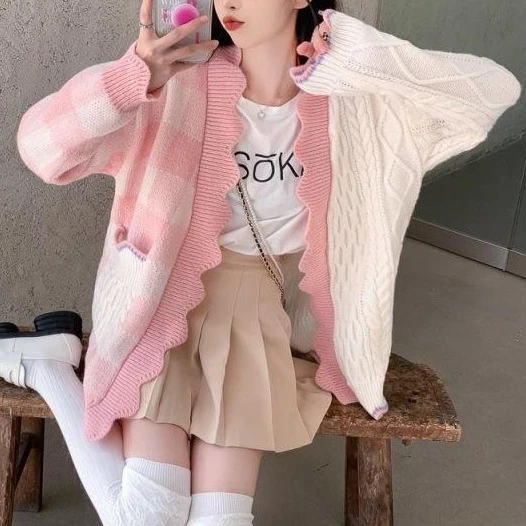 慵懒风格子毛衣外套女春季秋2024新款韩系温柔设计感外搭针织开衫