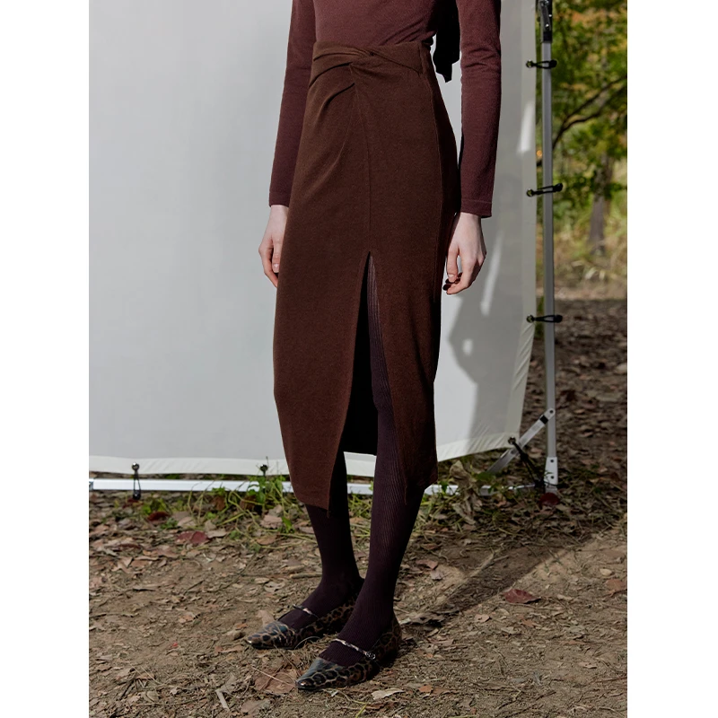 Mix Selection| 暖枫焦糖 进口天丝开叉半身裙女秋季MSCHQ0449