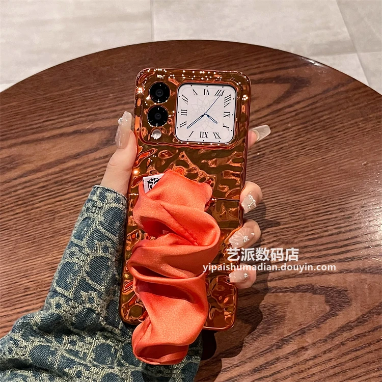 适用华为nova flip手机壳新款折叠屏电镀褶皱丝巾腕带保护套女款