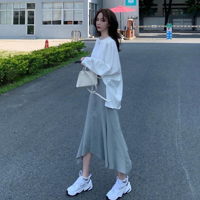 灰色宽松不规则半身裙显瘦裙子女夏季爆款2025新款开叉高级感长裙