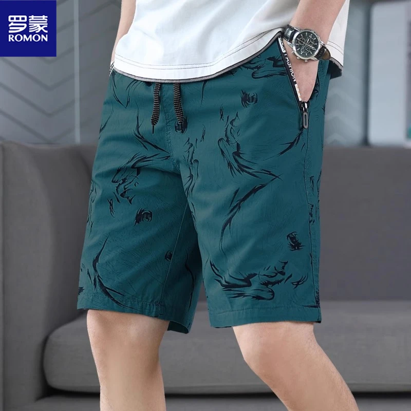 Romon/罗蒙新款夏季休闲印花纯棉短裤男士潮流外穿沙滩五分裤子