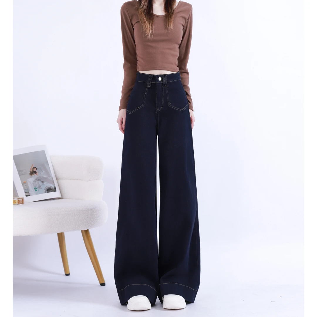 阔腿牛仔裤女早春2025高腰梨形身材显瘦小个子深色百搭垂感微喇裤