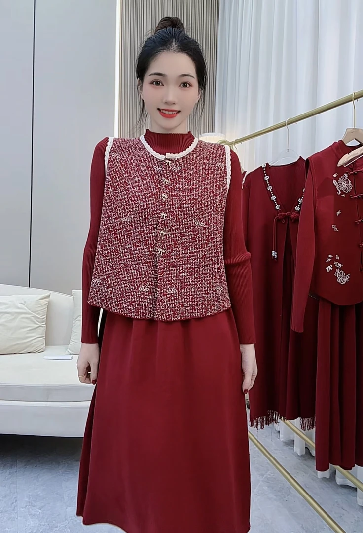 2025新年穿搭时尚套装小香风马甲气质裙两件套针织毛衣连衣裙010