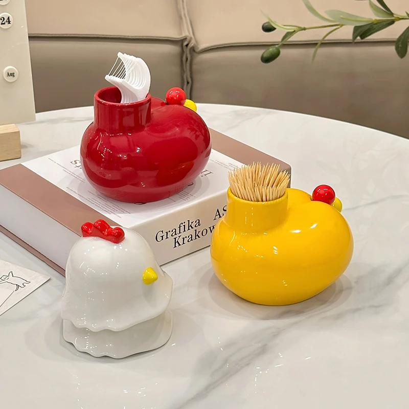 卡通萌鸡个性牙签筒家用轻奢高级感牙签罐创意牙线棉签盒牙签盒