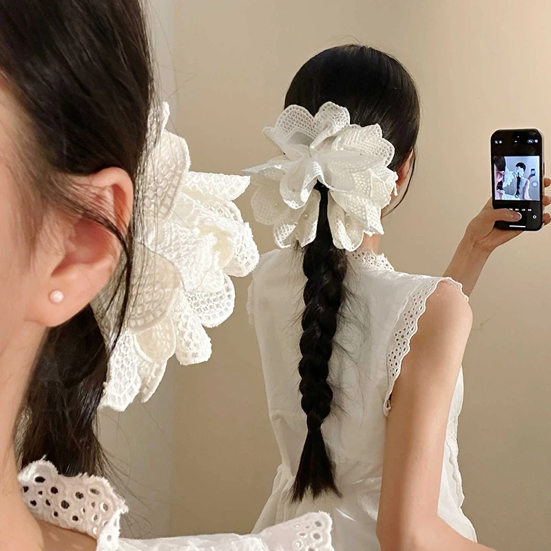 法式白色花朵蕾丝珍珠马尾抓夹女高级感温柔百搭后脑勺夹子头饰