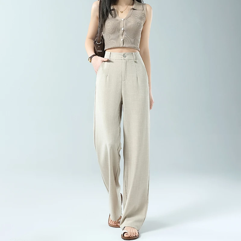 天丝亚麻窄版阔腿裤女2025夏季薄款垂感高腰直筒桑蚕丝休闲长裤子
