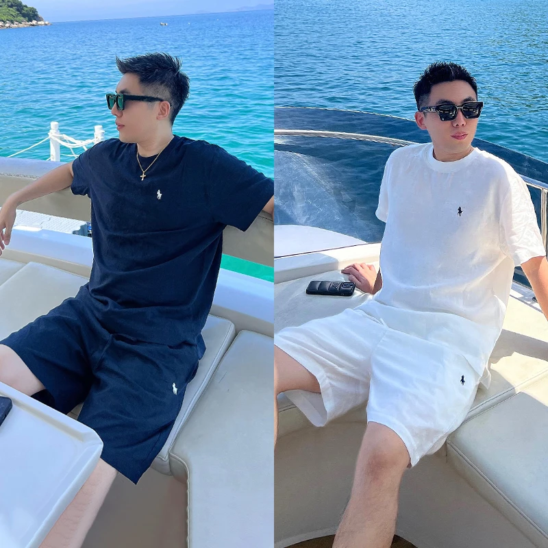 夏季薄款冰丝亚麻休闲运动套装男士宽松简约老钱风短袖短裤两件套