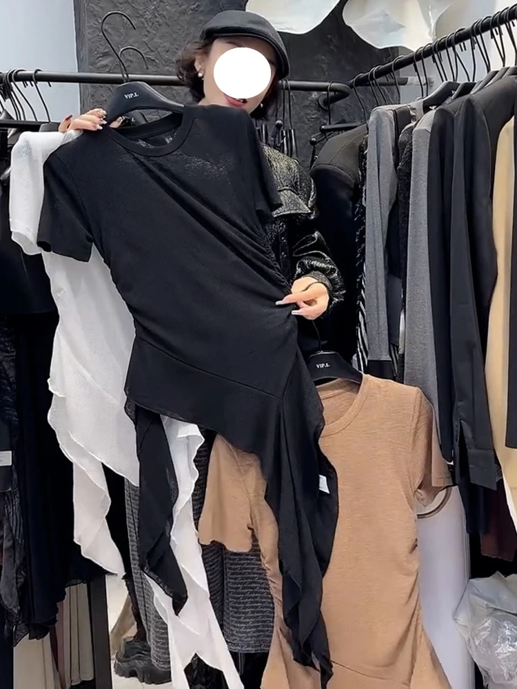 今年流行多巴胺掐腰显瘦上衣设计感小众黑色圆领飘带短袖t恤女春