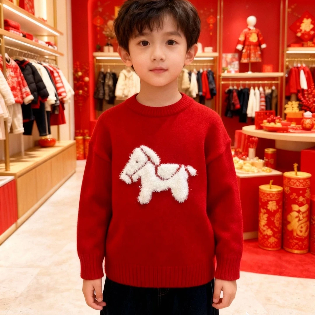 【小哥童装】男童秋冬新款红色卡通图案洋气针织毛衣中大童92236