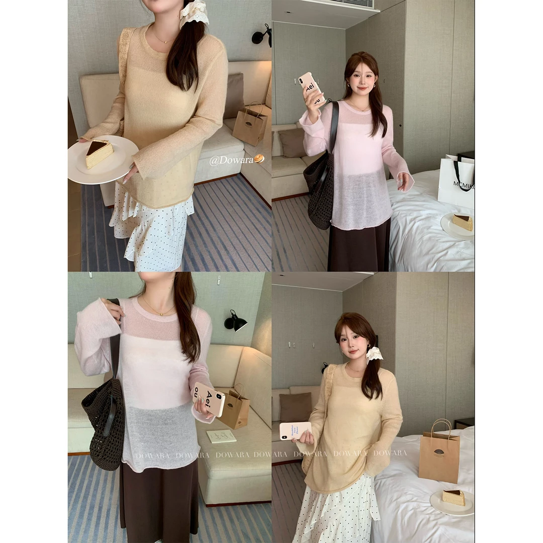 现货大婉酱微胖定制欧若风纯色镂空长袖针织衫春季显瘦小衫 7805D