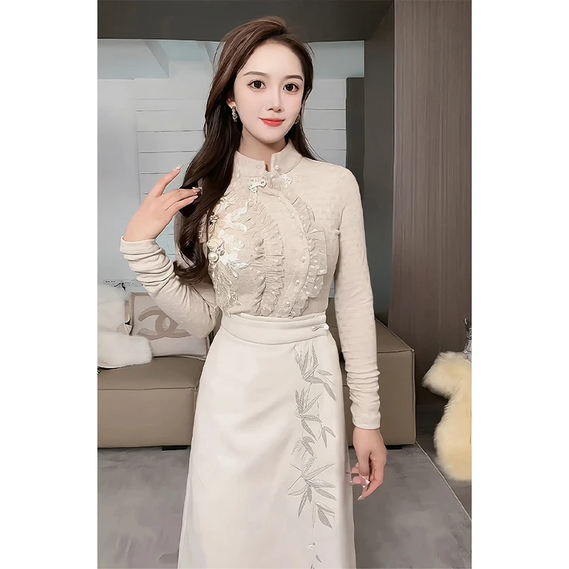 芙娜妮新中式设计感半身裙秋冬时尚小个子长袖收腰两件套F2332810