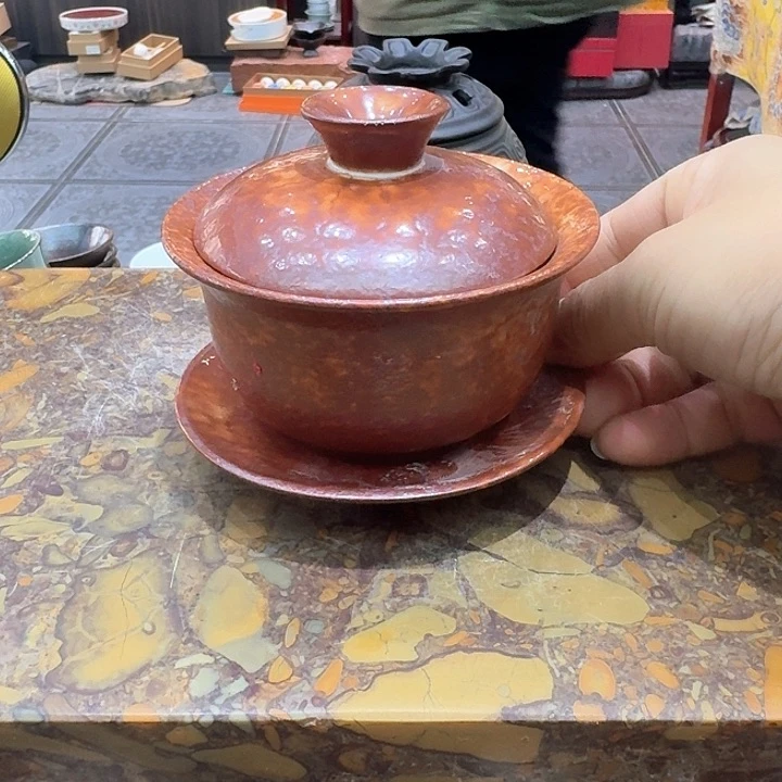 志野烧盖碗一个，瓷。。。品茗