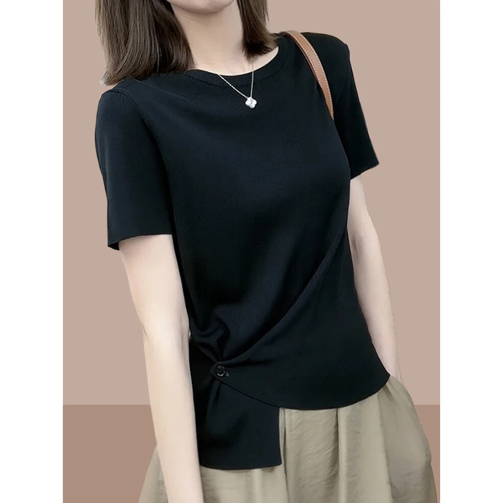 2025夏季新款设计感休闲百搭圆领正肩不规则t恤女士