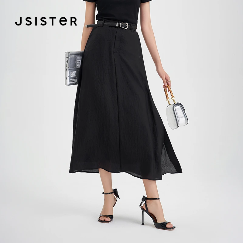jsister 夏装新款 JS女装时尚黑色网纱A字中裙