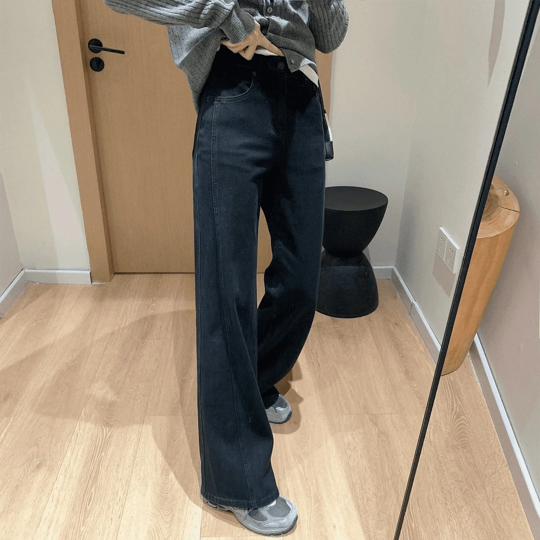 冬季新款深蓝色加绒加厚微喇牛仔裤女微胖大码高腰宽松显瘦阔腿裤