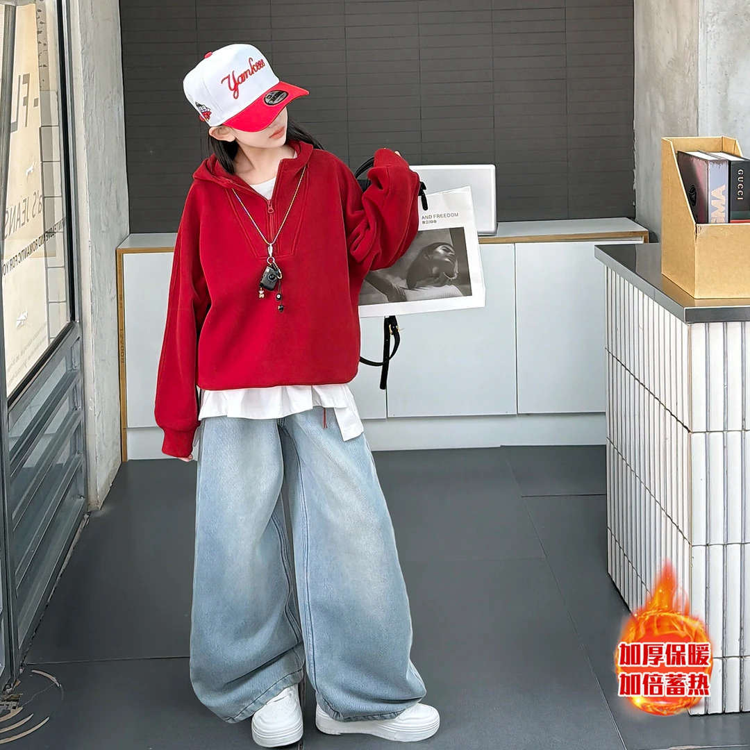 女童加绒卫衣套装2025秋冬新款中大童洋气一体绒加厚阔腿裤两件套