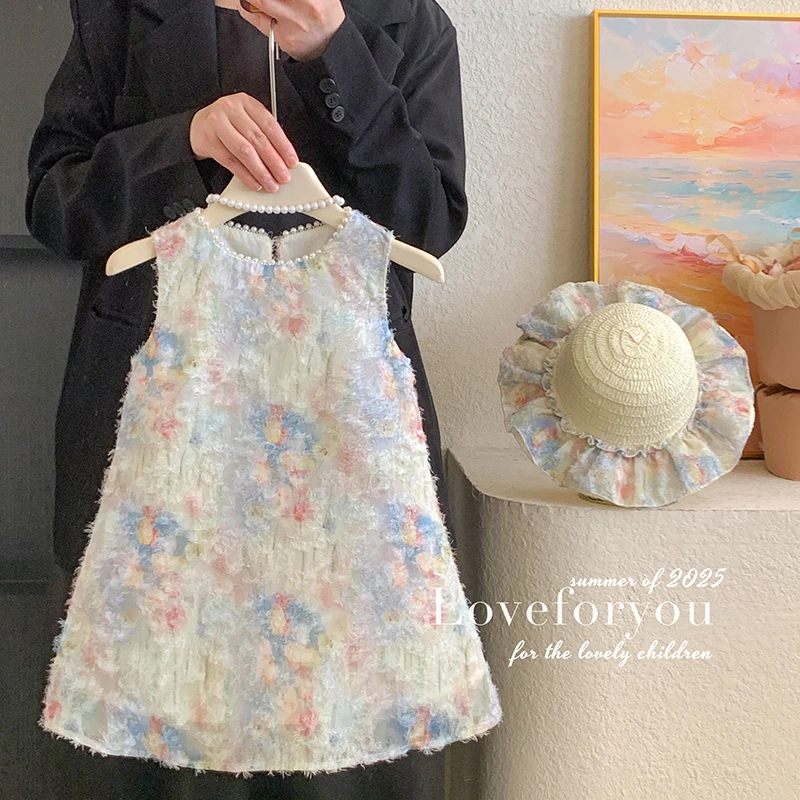 【本妈】夏”七月花都系列”女童无袖扎染流苏网纱连衣裙25X086