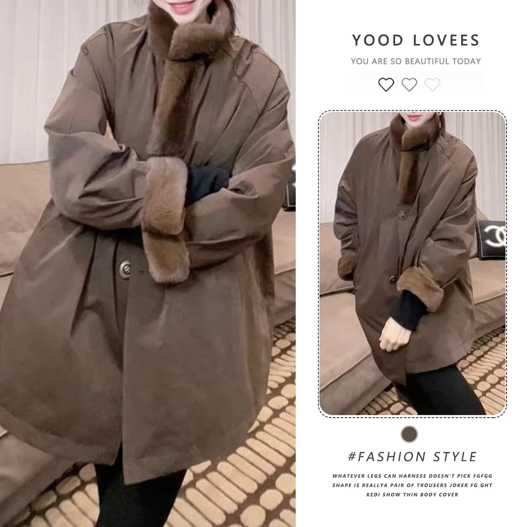 欧洲站2025冬季新款欧货设计感小众拼毛领长袖中长风衣款棉服女