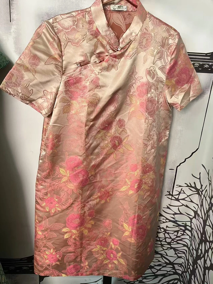 【粉色牡丹】立领连衣裙夏季日常百搭风新款100桑蚕丝单层