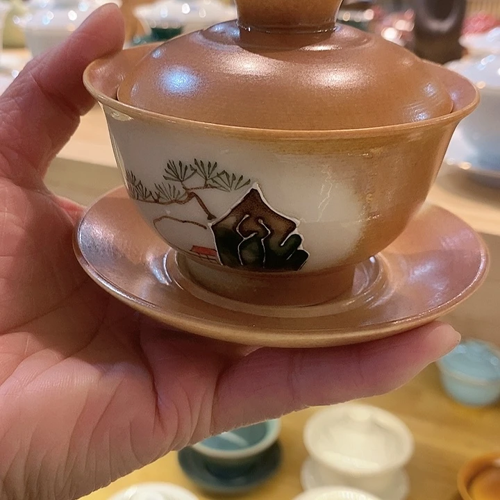 拉花手绘盖碗瓷器柴烧