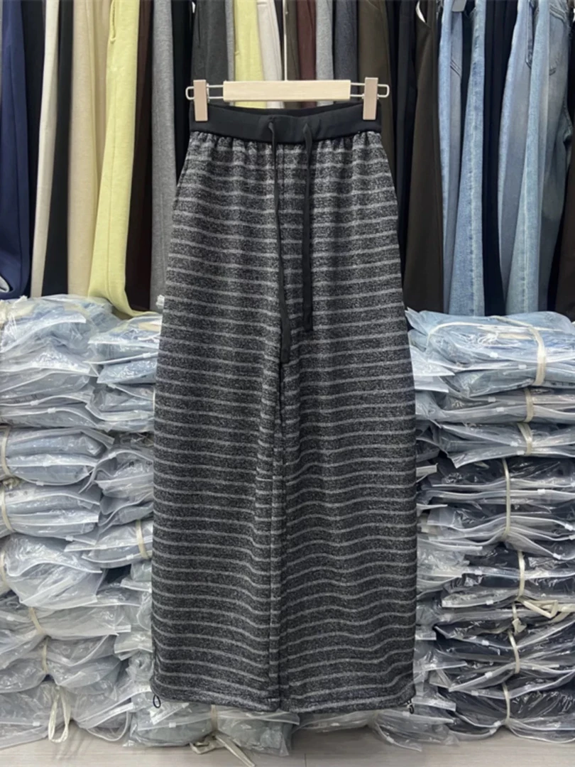 条纹直筒裤宽松时尚针织高腰百搭休闲女士长款显瘦松紧腰