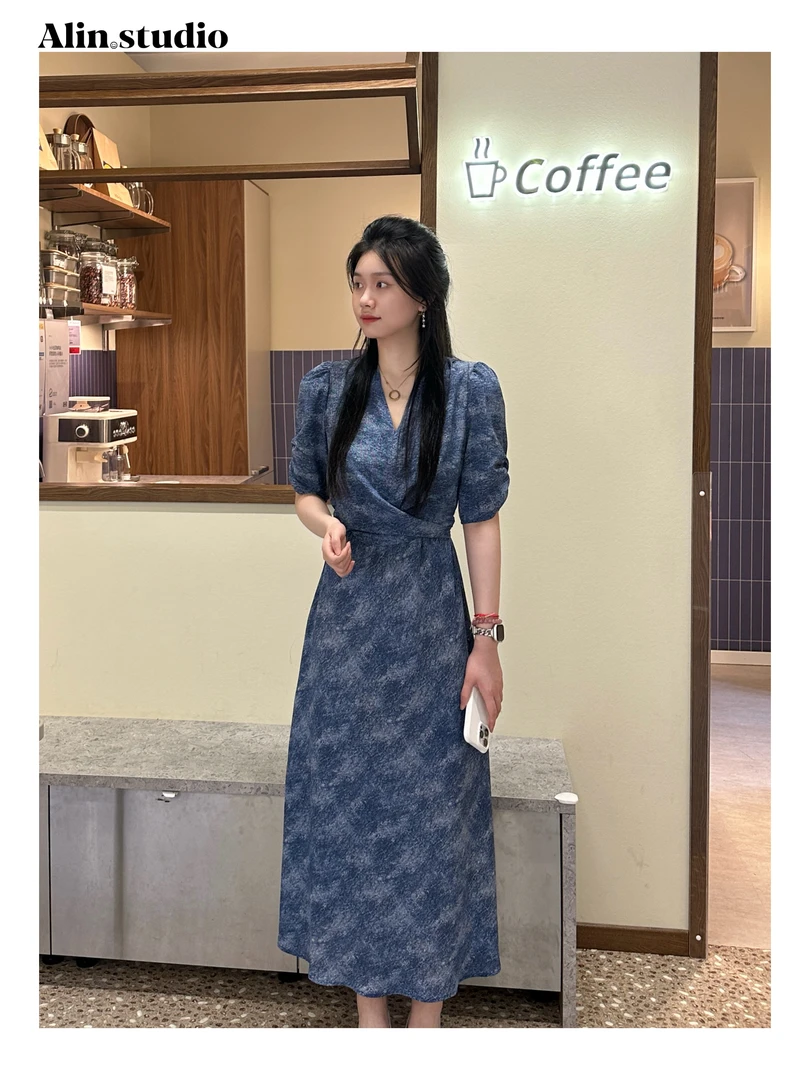 【牛仔蓝】财阀千金气质V领连衣裙优雅名媛气质鱼尾清冷连衣裙