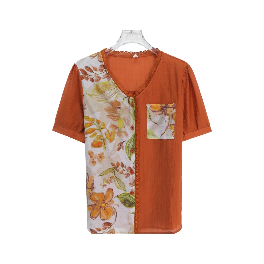 夏季薄款拼接复古舒适宽松碎花国风T恤S1589