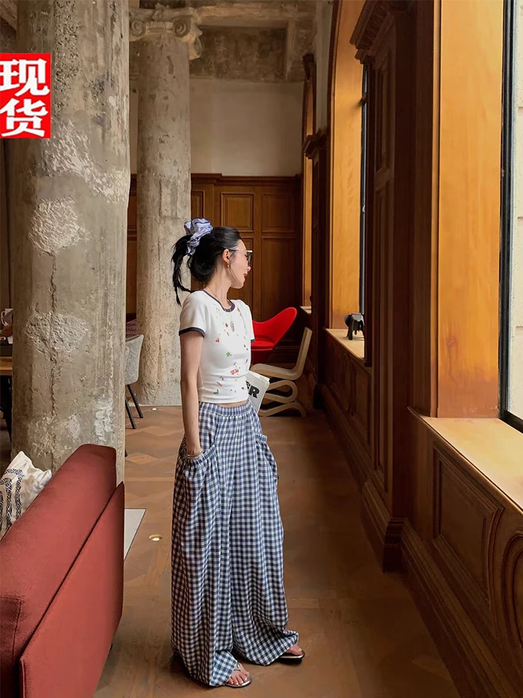 欧阳 格子休闲裤女夏季薄款慵懒宽松阔腿裤拖地长裤直筒裤子