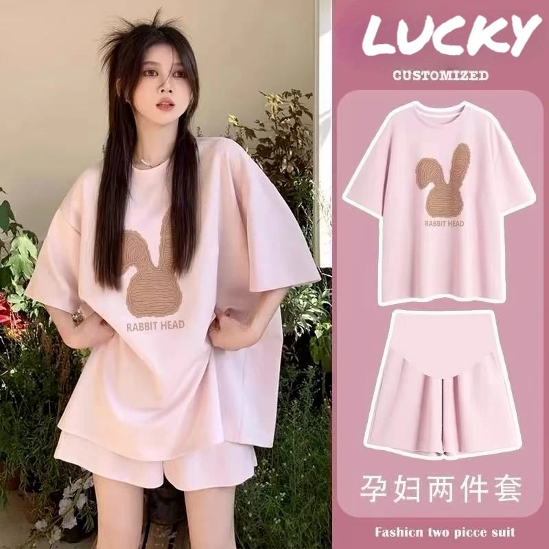 孕妇套装小个子夏季宽松粉色减龄甜美大码薄款运动短裤两件套2025
